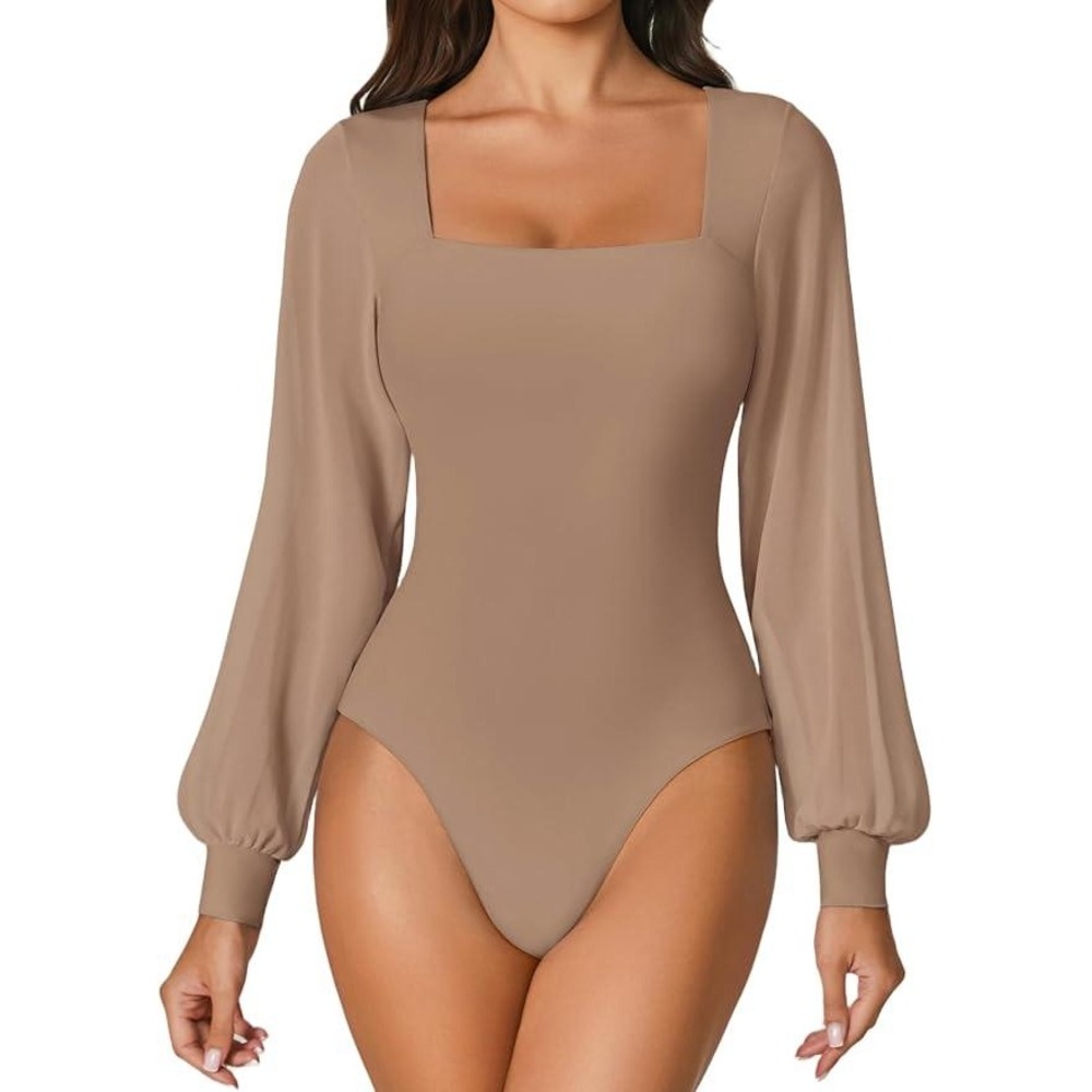 MSRP $26 Avidlove Women's M Puff Long Sleeve Bodysuit Mesh Square Neck Thong